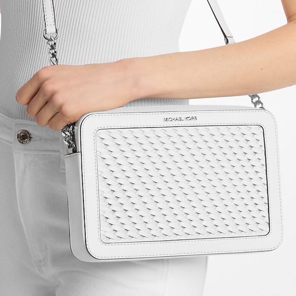 Michael Kors Jet Set Large Woven Crossbody Bag Optic White - Picture 4 of 10